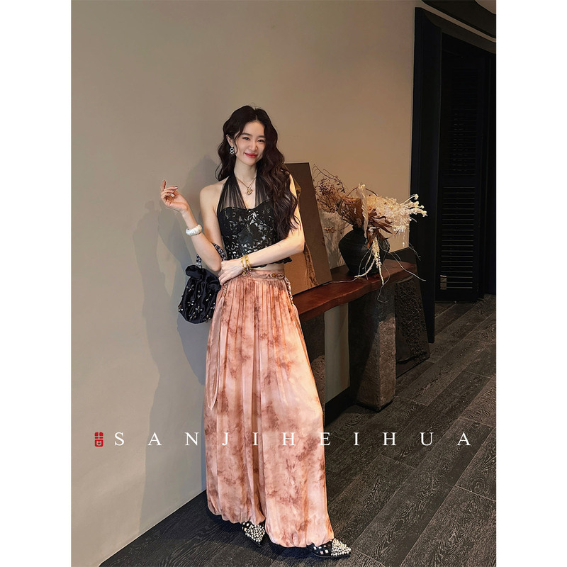 Sanji Heihua [Fangcaoxie] New Chinese-Style Printed Chiffon Wide-Leg Pants for Women, Very Stylish Summer Lantern Pants