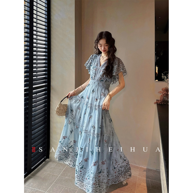 Sanji Heihua [Huatingzhou] New Chinese-Style Embroidered Color-Blocked Dress for Women, Summer Hot-Selling Long Dress, Trendy for the Beach