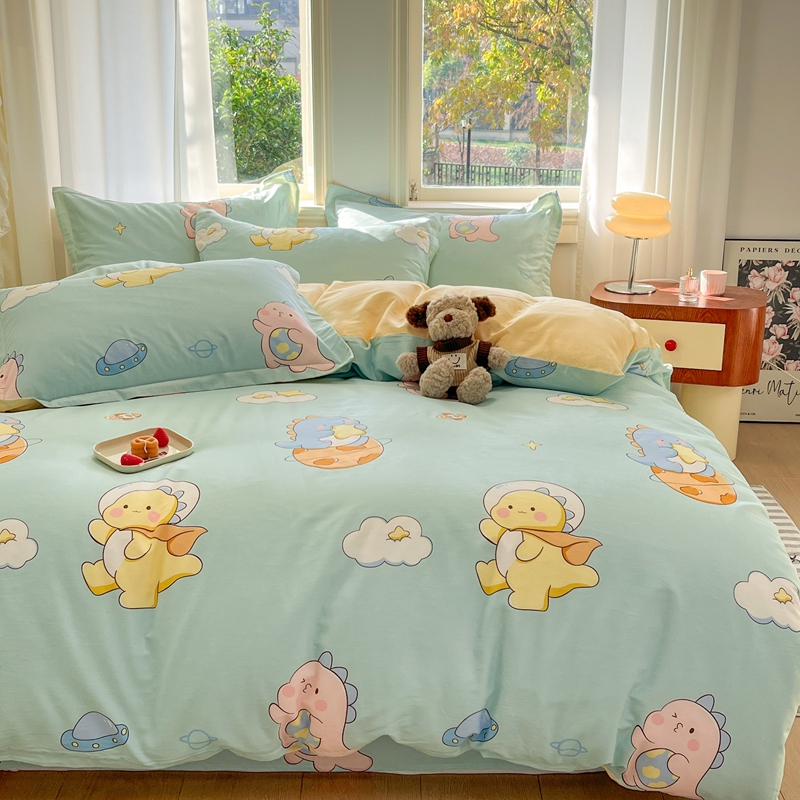 80-Count Pure Cotton Four-Piece Set, 100% Cotton Fitted Sheet, Thickened Cartoon Design, Children's Student Dormitory Three-Piece Set, Duvet Cover, Bed Sheet