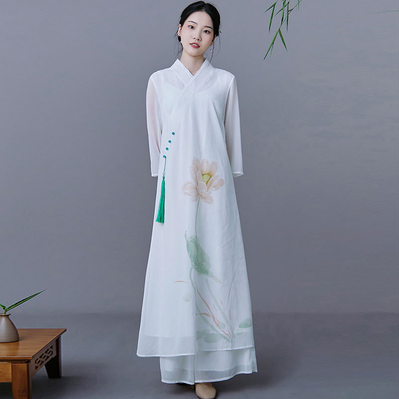 Chinese Style Zen Clothing for Women, Ancient Style Ear-Covering Two-Piece Set, Chinese Zen Style Tea Artist, Beautician, Health Center Work Clothes Chinese Style Zen Clothing for Women, Ancient Style Ear-Covering Two-Piece Set, Chinese Zen Style Tea Artist, Beautician, Health Center Work Clothes