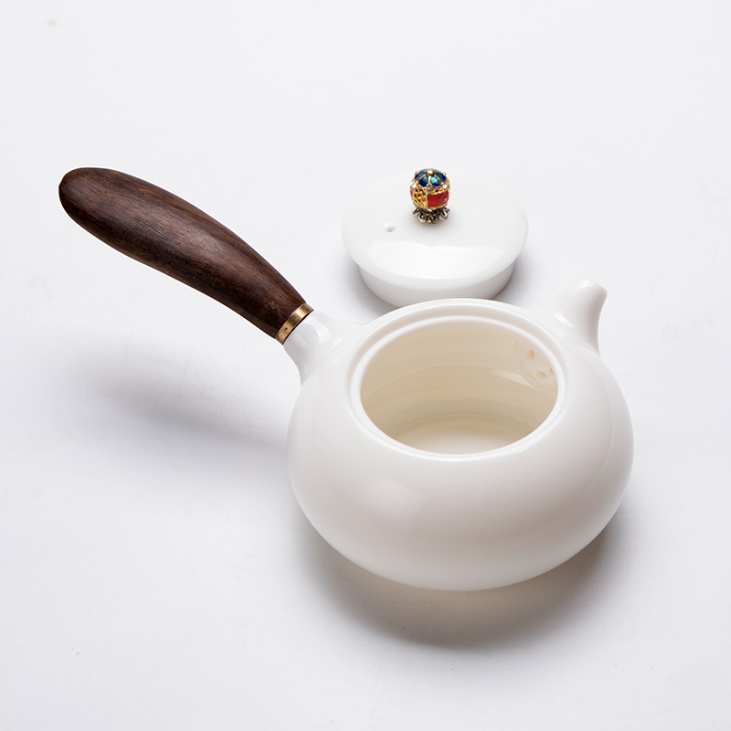 Dehua suet jade white porcelain teapot Chinese style household ceramics kung fu tea set solid wood side manual single pot teapot