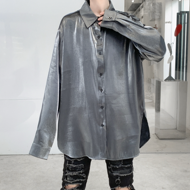 Korean Niche Men's Korean-Style Loose-Fitting Personalized Shirt with Laser Reflective Gradient Silver Shirt Trendy ins Top