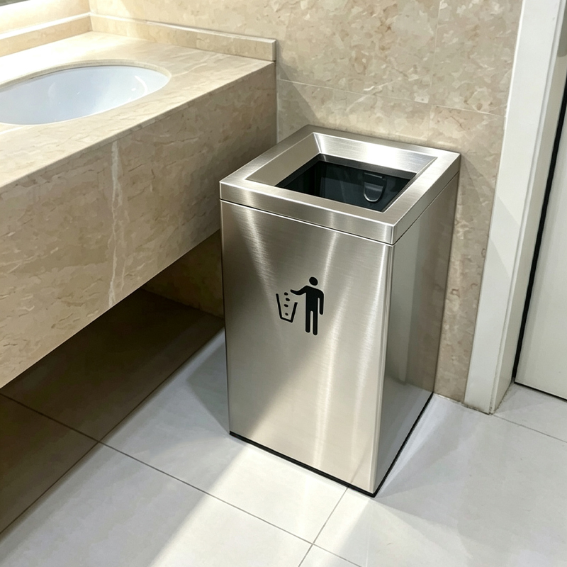 80-Liter Stainless Steel Direct-Fill Trash Can, Square, Without Lid, for Under-Sink Use in Bathrooms, Commercial Use in Company Corridors and Elevator Entrances 80-Liter Stainless Steel Direct-Fill Trash Can, Square, Without Lid, for Under-Sink Use in Bathrooms, Commercial Use in Company Corridors and Elevator Entrances