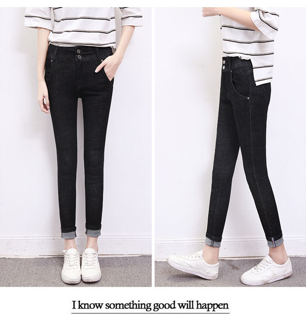 Xuân hè 2017 mới quần jeans cạp cao nữ cạp cao quần lọt khe chân bút chì quần rộng size mỡ mm áo phông rộng nữ