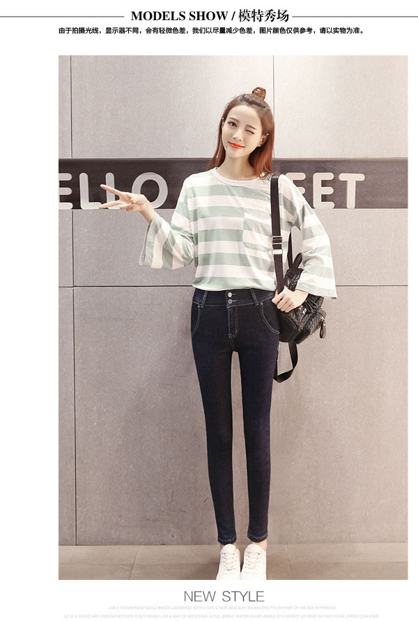 Xuân hè 2017 mới quần jeans cạp cao nữ cạp cao quần lọt khe chân bút chì quần rộng size mỡ mm áo phông rộng nữ