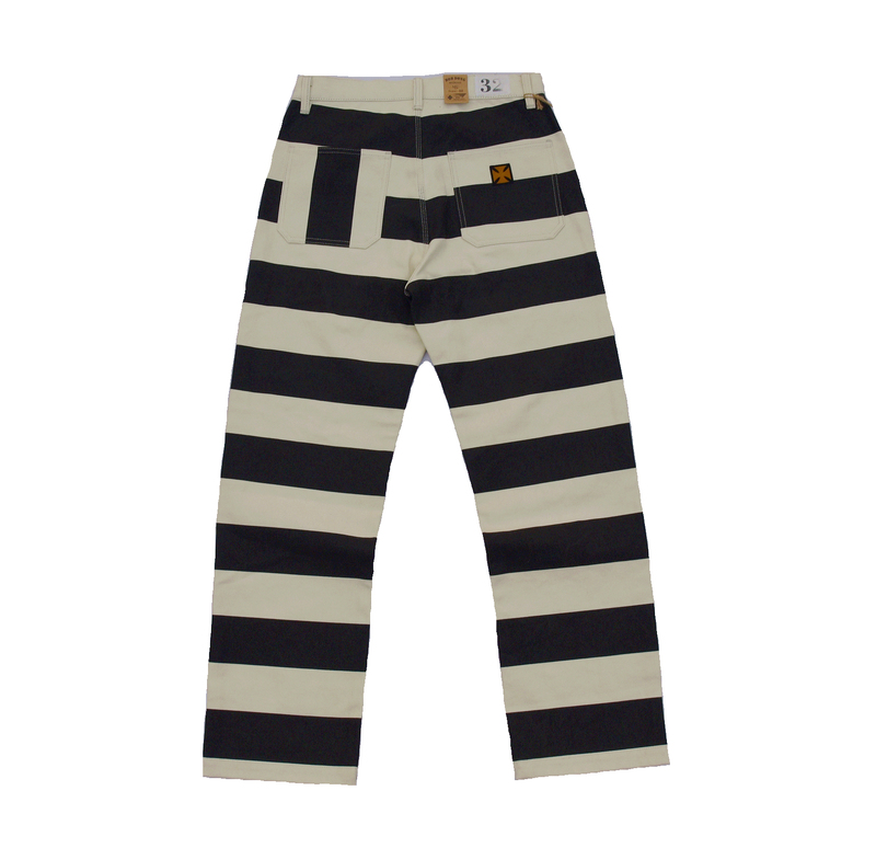 Bob Dong Asymmetric Back Pocket Motorcycle Style 16oz Black/Off-White Striped Casual Pants for Men