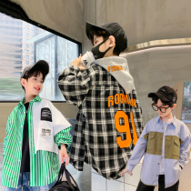 Boy long sleeve shirt outside wearing 2022 spring new CUHK child plaid long style with cap grinding hip-hop wind spring and autumn