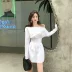 Dài tay vai dress 2018 đầu mùa thu Đơn Giản chic trắng off-the-vai eo xếp li áo váy A-line váy