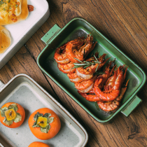 Tree can retro ceramic double ear plate rectangular plate deep plate Japanese tableware household dish plate creative soup plate