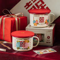 Tree enamel vintage happy cup large breakfast cup creative Cup mug home enamel cup with lid water Cup