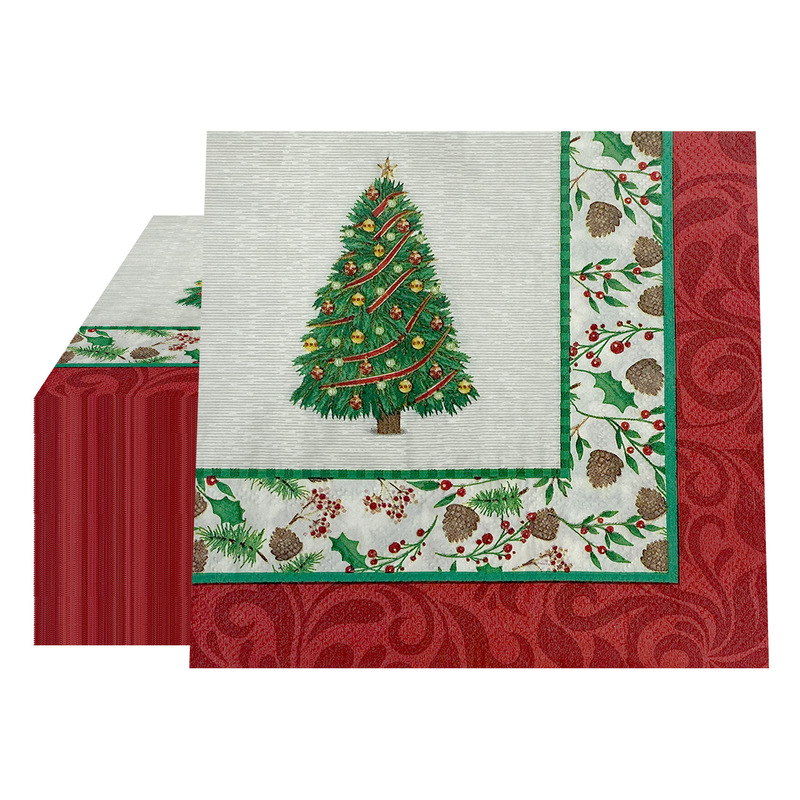 Pomparty Christmas Tree Printed Napkins 2-Ply 20 Sheets Red-Edged Decorative Napkins Christmas Holiday Party Placemats