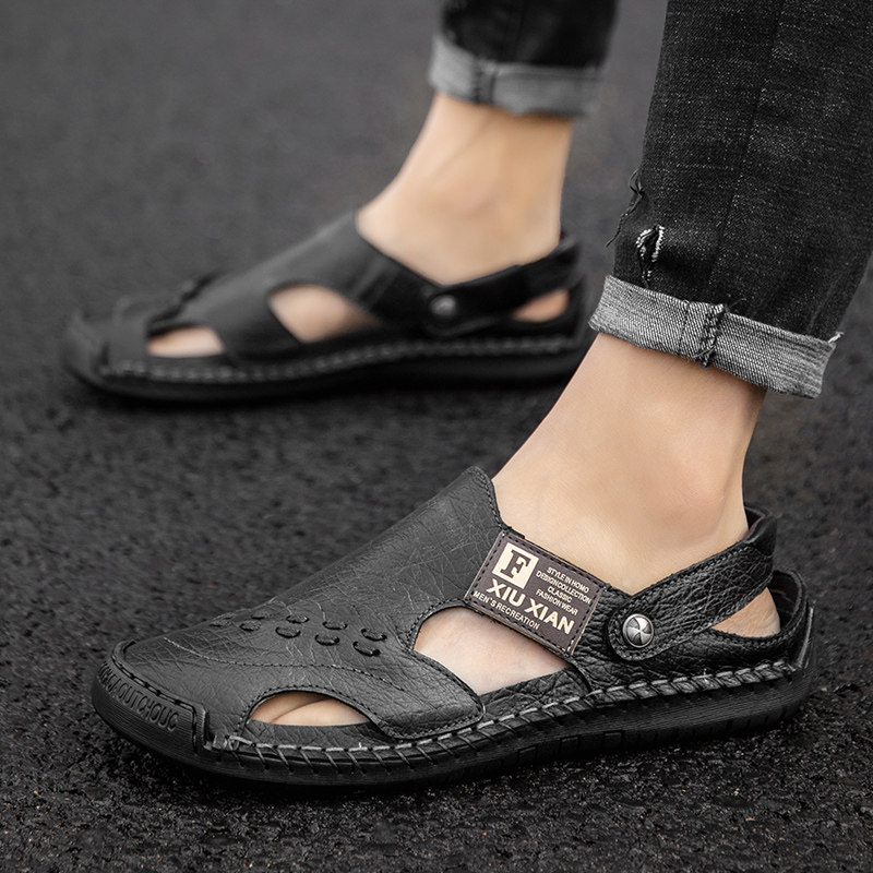 Sandshoes Men 2022 Spring Summer New trends Trendy Genuine Leather Breathable Dongle Shoes Big Size Casual Slippers Non-slip Beach Shoes