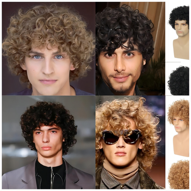 Cross-Border Trade Wigs, European and American Men's Short Curly Hair, African Small Curls, Rose Net Synthetic Fiber High-Temperature Silk Wigs