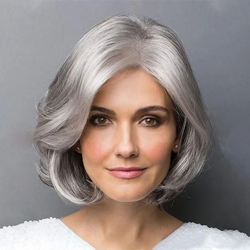 Women's Wigs, Synthetic Wigs for Middle-Aged and Elderly People, Short Curly Hair, Granny Gray, Silver Gray Short Hair, European and American Wig Sets Suitable