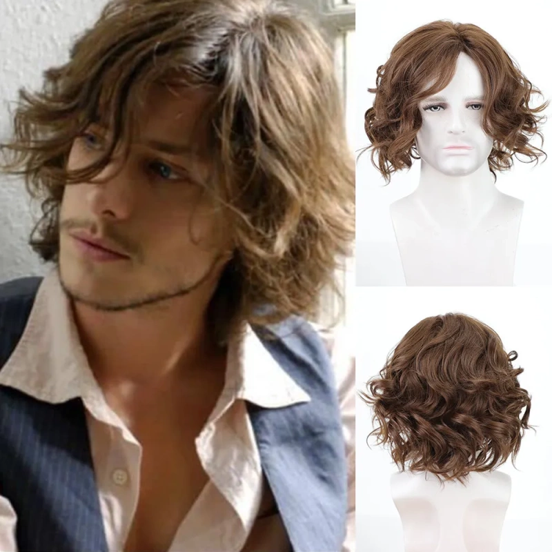 Wigs European and American Cross-Border Fashionable Men's Brown Curly Hair Chemical Fiber Wig Headgear Xuchang Wigs European and American Cross-Border Fashionable Men's Brown Curly Hair Chemical Fiber Wig Headgear Xuchang