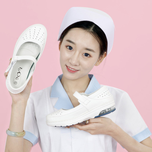 NYI air-cushion nurse shoes white genuine leather flat-soled women's soft-soled hollow single shoes shallow mouth non-slip breathable work shoes