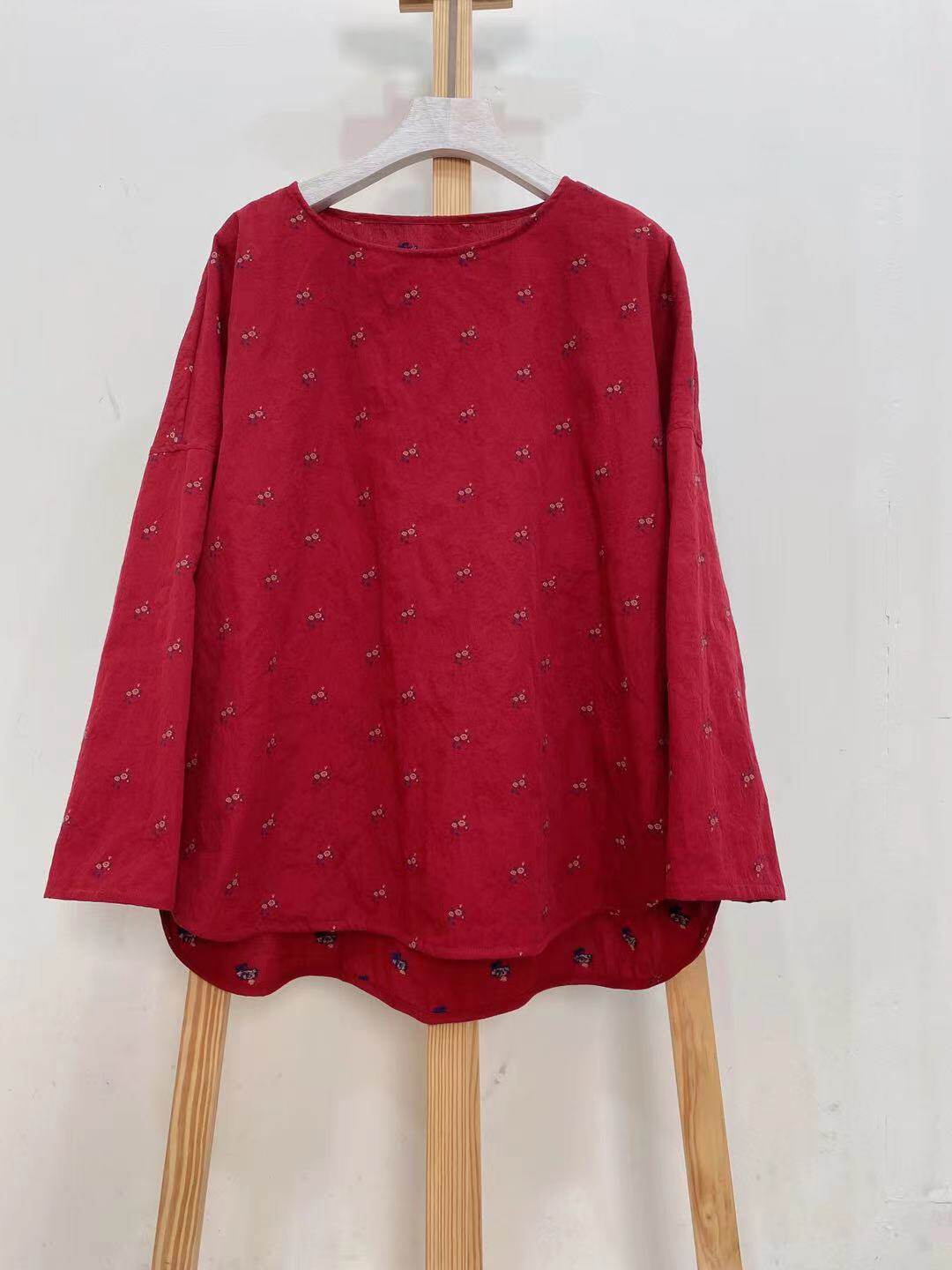 Summer cotton loose round neck flower top early autumn retro literary style Joker high fork women