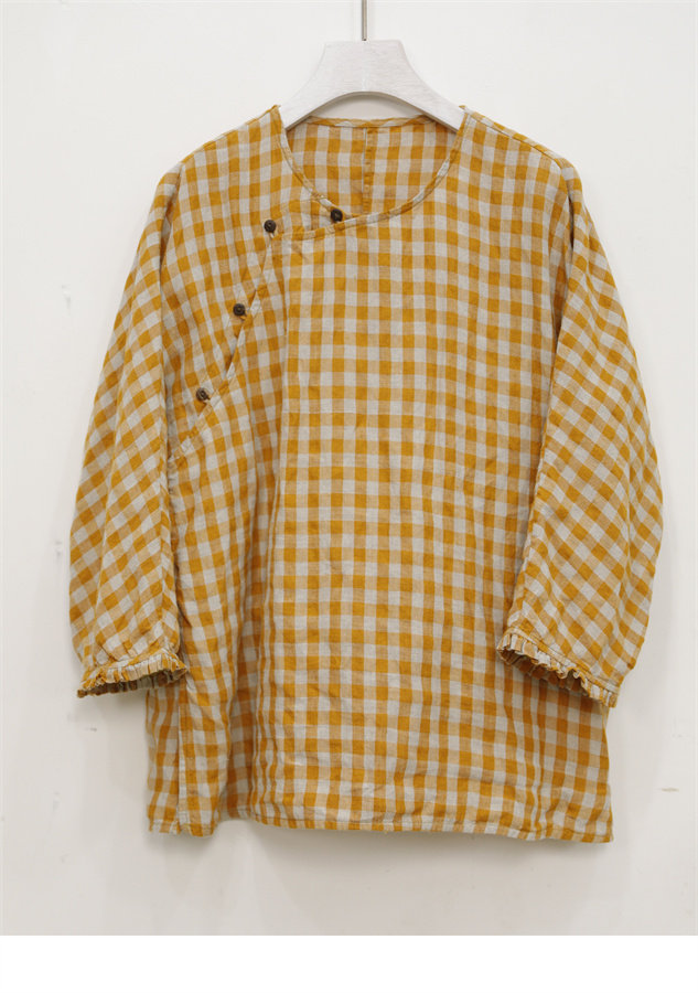 Yarn-dyed linen washed top temperament loose shirt all-match retro literary women