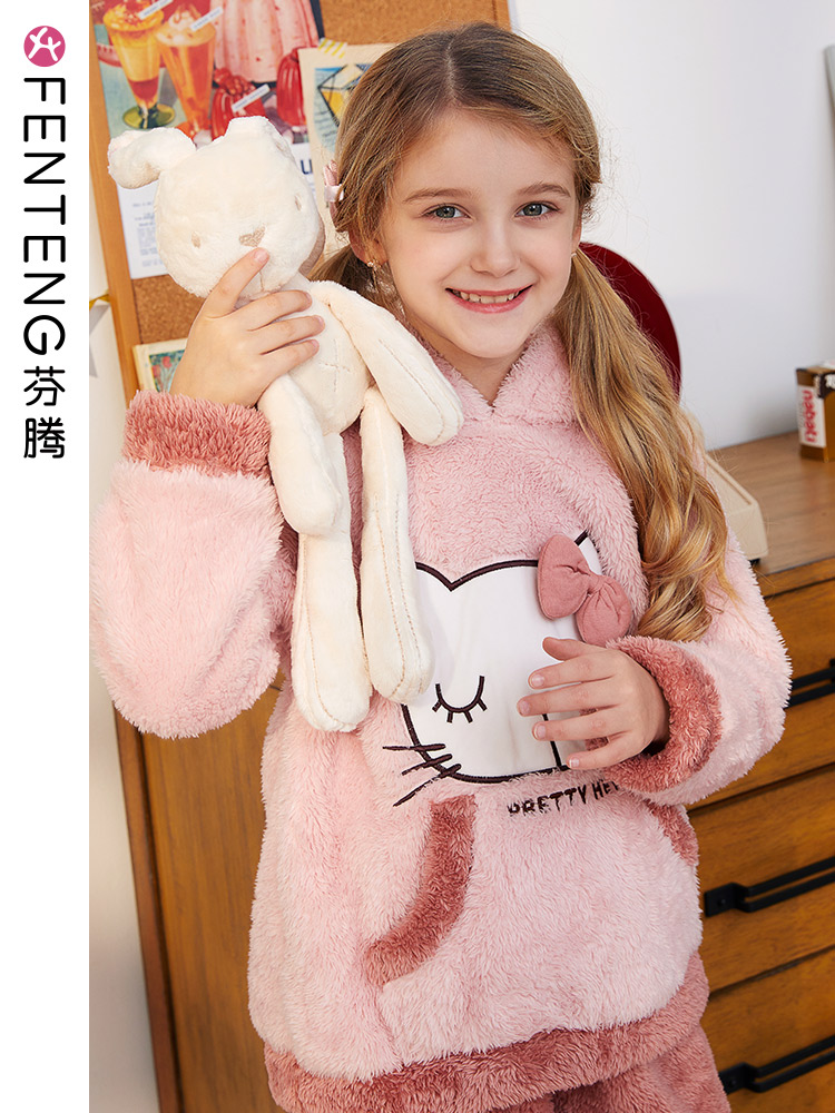 Fending Winter Coral Velvet Girl's Pajamas Cartoon Long Sleeve Sweater Girl Lovely Franmere Home Clothes