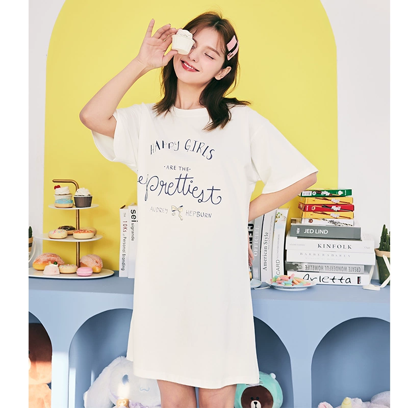 Fenteng ngắn tay giữa váy mùa hè dệt kim vải cotton váy ngủ nữ in chữ đơn giản cổ tròn cotton dịch vụ tại nhà - Đêm đầm