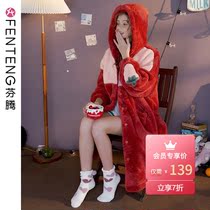 Fenten winter coral velvet nightgown autumn winter sweet long bathrobe hooded flannel padded nightgown pajamas