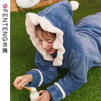 Fenten coral velvet pajamas female autumn and winter thick cute girl Arctic velvet warm plus velvet hooded home suit