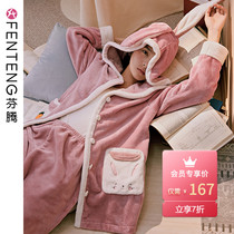 Fenteng autumn and winter coral velvet pajamas womens winter thick flannel plus velvet suit cute home clothes can be worn outside