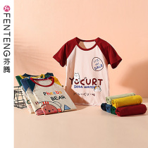 Fenten Childrens Pajamas Girls Summer Thin Cotton Breathable Short Sleeve Boys Cartoon Cotton Home Clothing Set