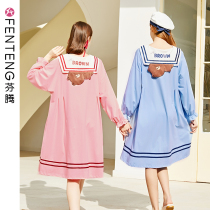 Fenteng Spring Autumn new pajamas long sleeve brown bear nightgown women cotton Korean loose large size home dress