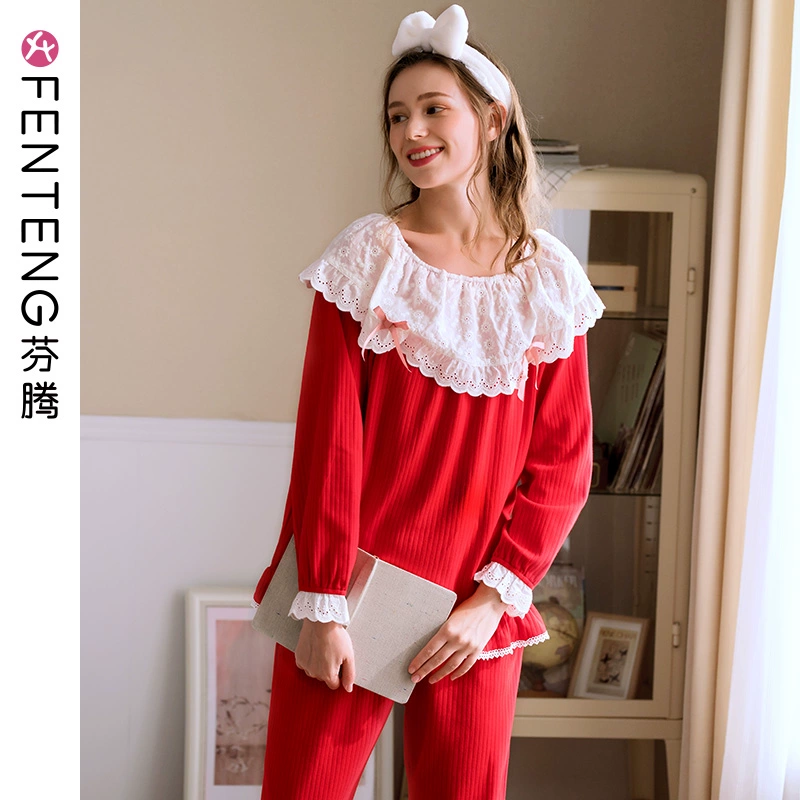 Bộ đồ ngủ dài tay Fenton Phụ nữ mùa thu Cotton nguyên chất Bảo hiểm rủi ro Big Red natal Năm Áo cotton dễ thương Áo khoác ngoài - Nam giới