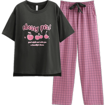 Fenton short-sleeved womens pajamas summer new pure cotton with breast pads large size womens cotton casual home wear set