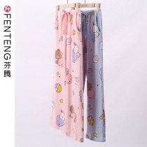 Fenten summer womens pajamas cotton thin air conditioning loose casual can wear cartoon brown bear home pants women