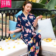 Fenton mùa hè mới đồ ngủ ngắn tay nữ kimono Nhật Bản cotton cổ chữ V ngọt ngào có thể mặc bên ngoài quần ống rộng