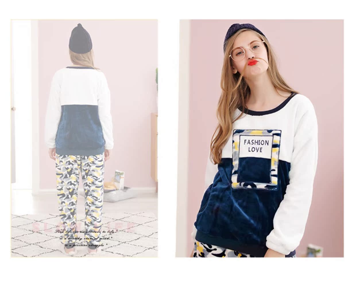 Fenteng vài bộ đồ ngủ mùa thu và mùa đông san hô lông cừu ngụy trang in flannel tay áo nam và nữ đơn giản dịch vụ nhà phù hợp do ngu