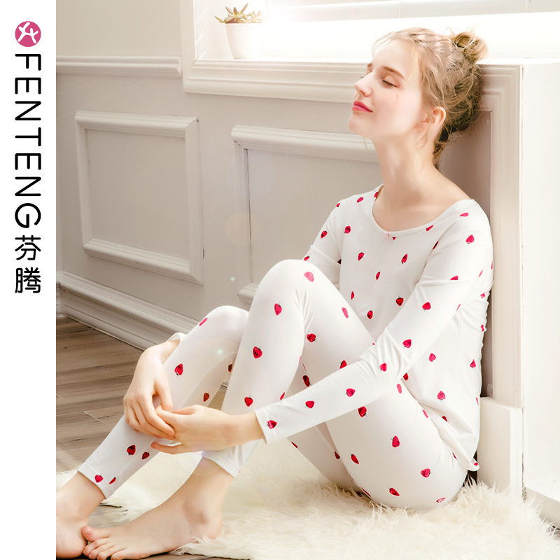 Fanteng new autumn and winter girls thermal underwear women autumn clothes sexy cute cotton slim base shirt set