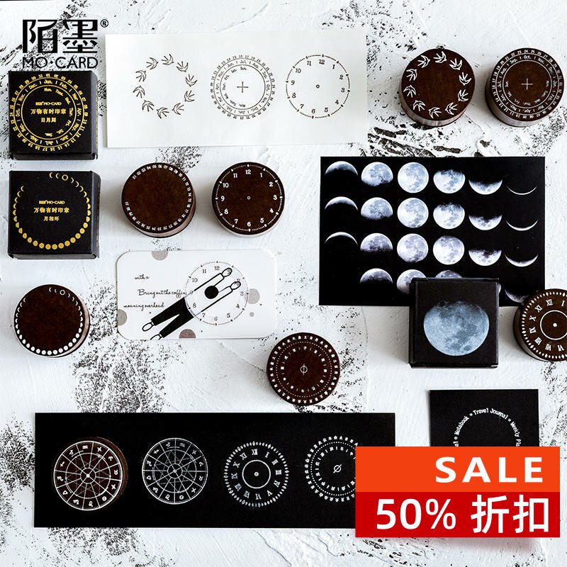 Strangink Everything Sometimes Series Round Wood Seal Moon Phase Perpetual Calendar Quartz Clock Sundial Hand Ledger Decoration Tool