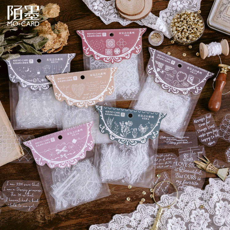 Momo transparent white ink PET sticker package unfinished white series girl heart hand account collage material waterproof stickers