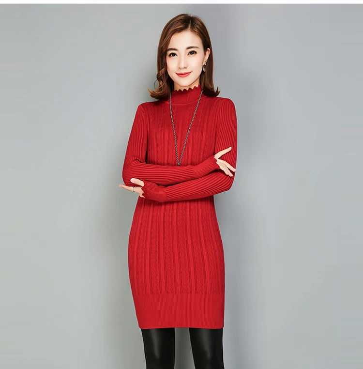 Cộng với áo len nhung nữ ren nửa cao cổ dày áo len chạm đáy phiên bản Hàn Quốc áo dài hoang dã ấm áp