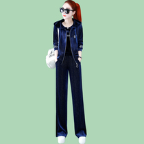 Spring and autumn new gold velvet embroidery three-piece slim sportswear casual womens suit fashion wide leg pants Womens