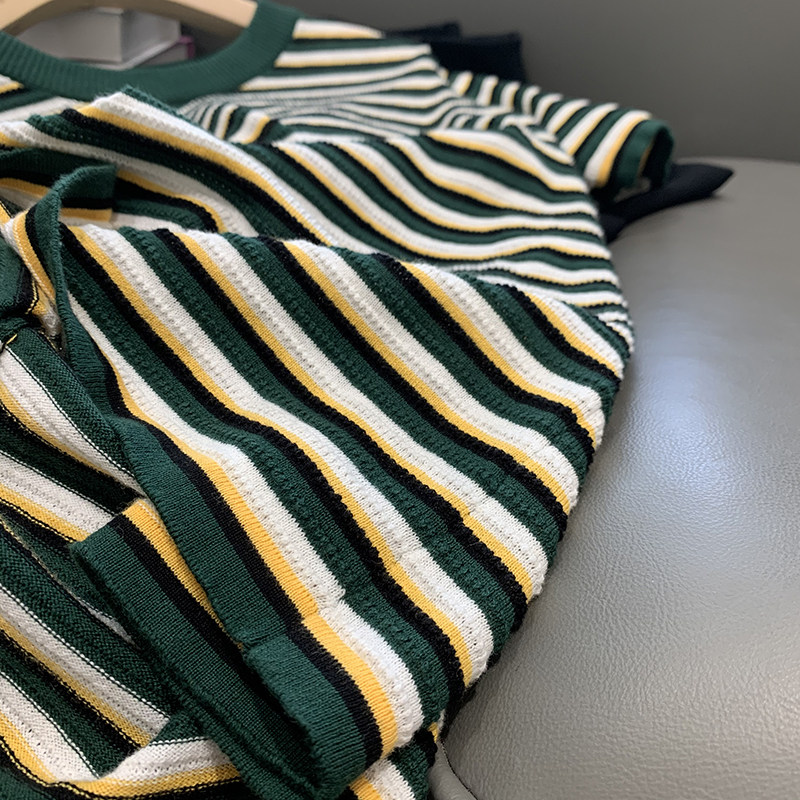 WANG brand classic ~ white and green stripes ~ niche hit cotton loose knitted short-sleeved t-shirt women 2022 new
