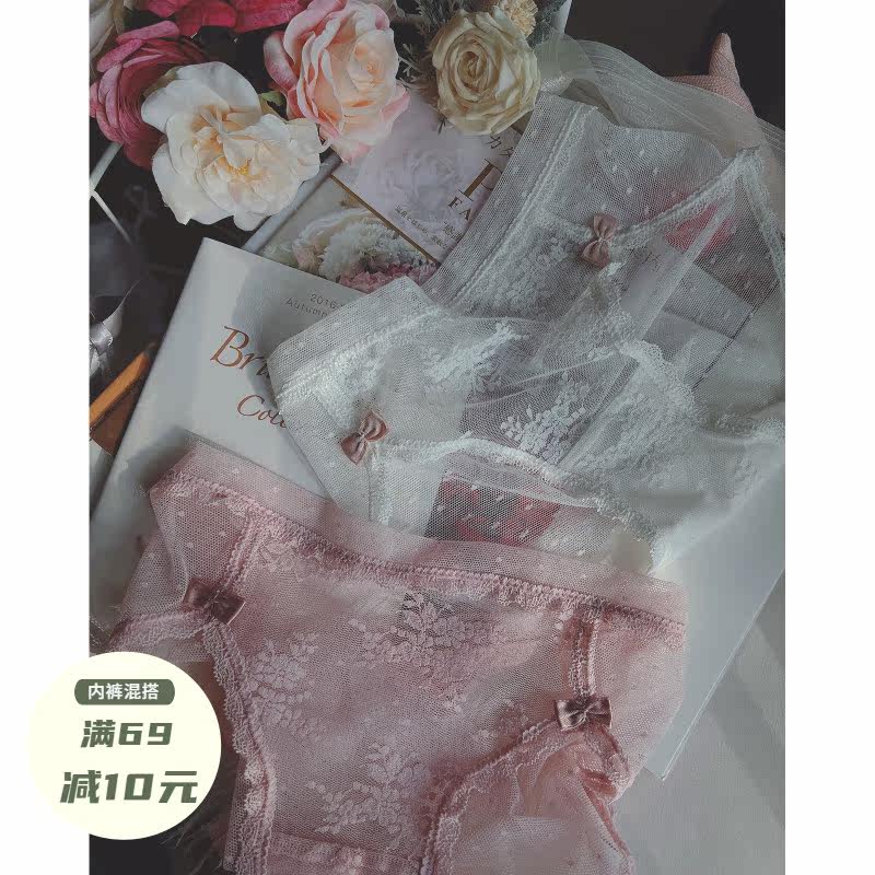Sweet Beauty Full Lace Retro Embroidered Flowers Double Butterfly Knot Sexy High Open Fork Breathable Pure Cotton Stall Briefs Female