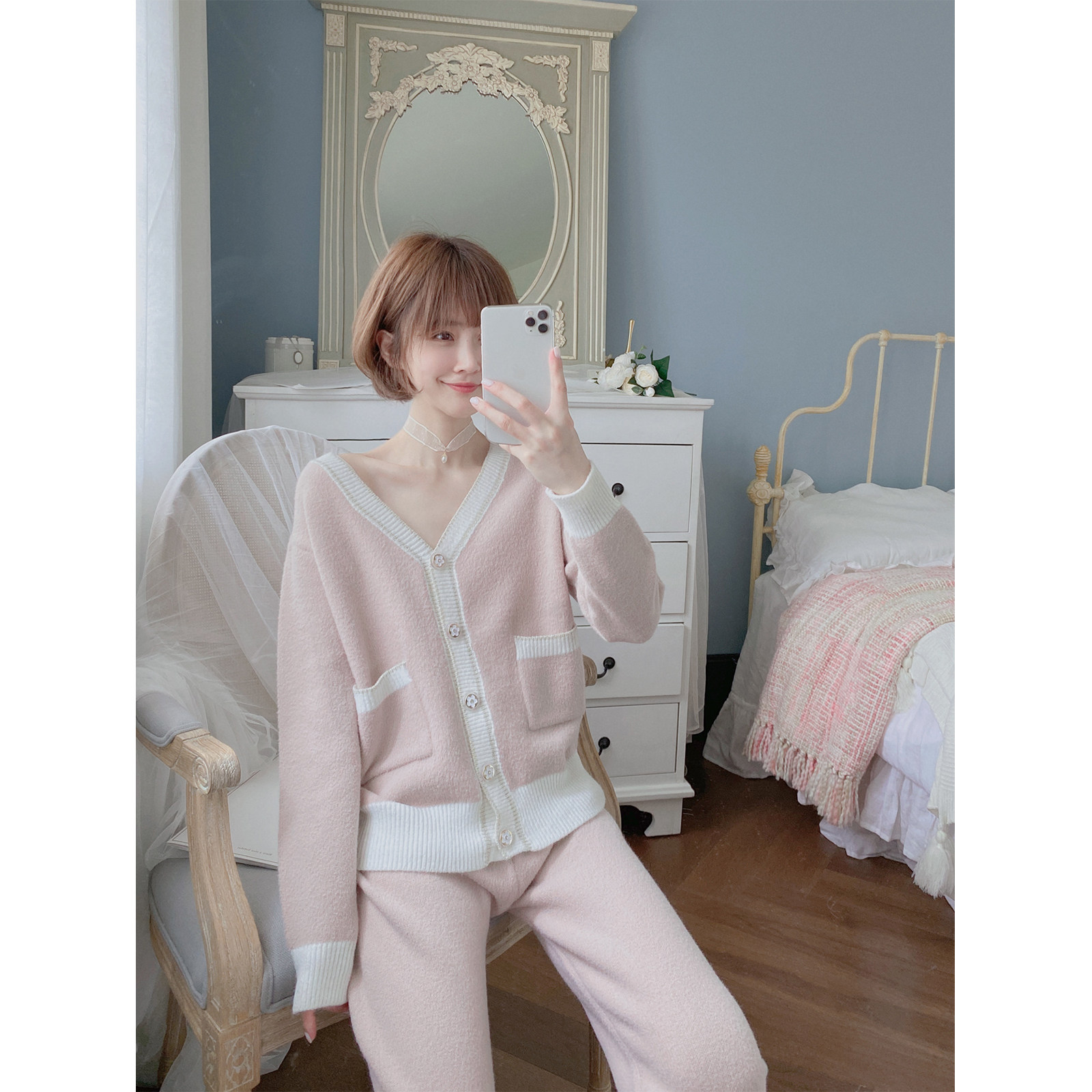 Small fragrant wind soft Mianmian autumn winter pyjamas woman cardiovert warm and external wearing home Suits Suit Casual Loose conspiculy