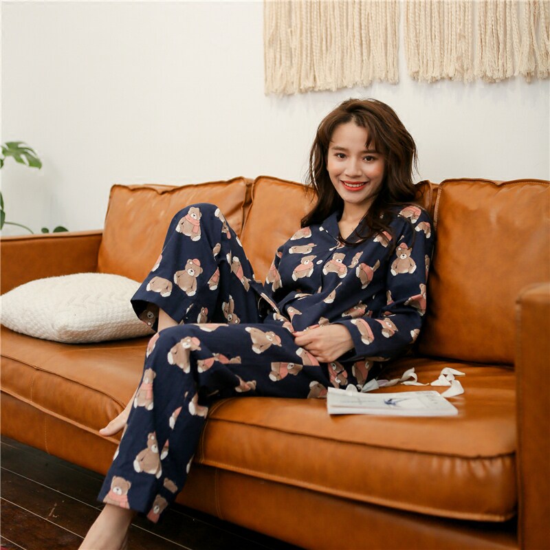 Peach honey cute cartoon bear pajamas women cotton long sleeve can be worn outside spring and autumn thin section couple home wear suit