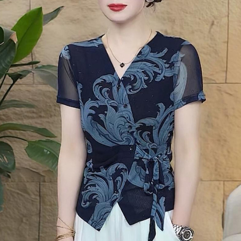 Summer New Style Mesh V-Neck Waist-Cinching Printed Thin Breathable High-Elastic Short-Sleeve Cardigan for Middle-Aged Women, Age-Reducing and Elegant Summer New Style Mesh V-Neck Waist-Cinching Printed Thin Breathable High-Elastic Short-Sleeve Cardigan for Middle-Aged Women, Age-Reducing and Elegant
