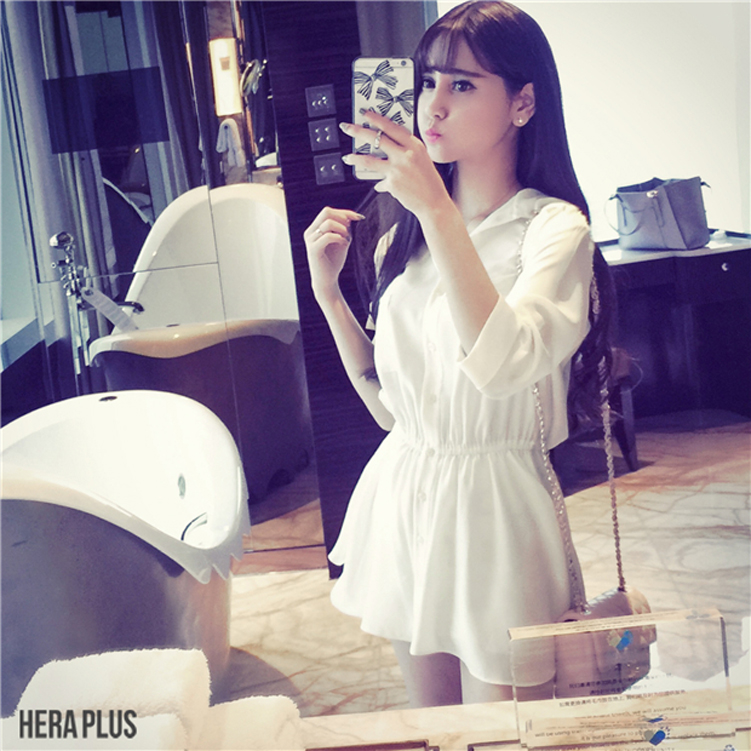 Mùa xuân phong cách mới áo sơ mi rộng kích thước lớn của phụ nữ dài bảy điểm tay áo sơ mi tay áo màu rắn váy váy áo voan kiểu
