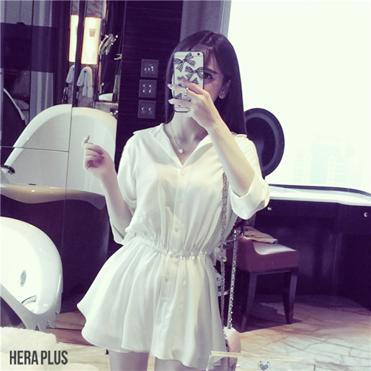 Mùa xuân phong cách mới áo sơ mi rộng kích thước lớn của phụ nữ dài bảy điểm tay áo sơ mi tay áo màu rắn váy váy áo voan kiểu