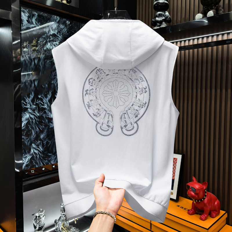 2026 Summer Hooded Sleeveless T-Shirt Vest for Men with Cross Rhinestone Print, Half-Sleeve Sports Hooded T-Shirt