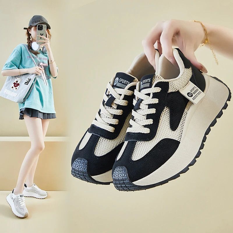 2026 Spring/Summer New Women's Shoes Breathable Hollow Mesh Shoes Korean Style Versatile Thick-Soled Sneakers Casual Dad Shoes