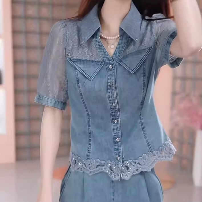 High-End Soft Cotton Denim Fashion Set 2026 Summer New Style Elegant Top and Pants Two-Piece Set