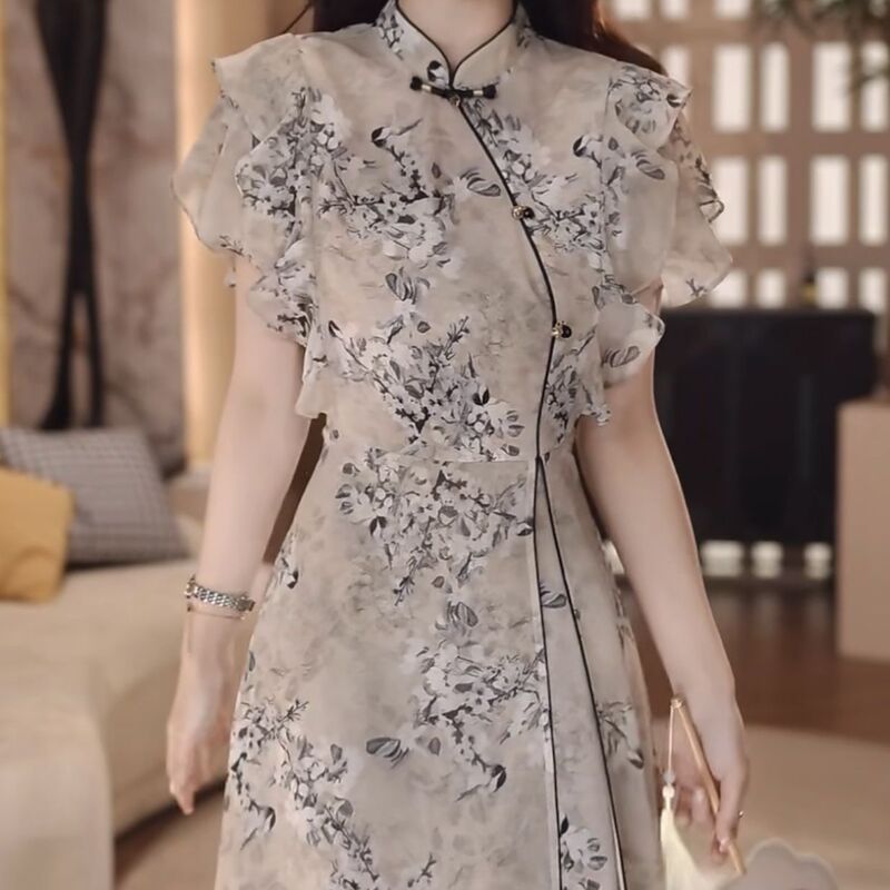 High-End Cloud Silk Chinese-Style Floral Improved Cheongsam Dress 2026 Summer New Model That Covers the Body and Makes You Look Slimmer